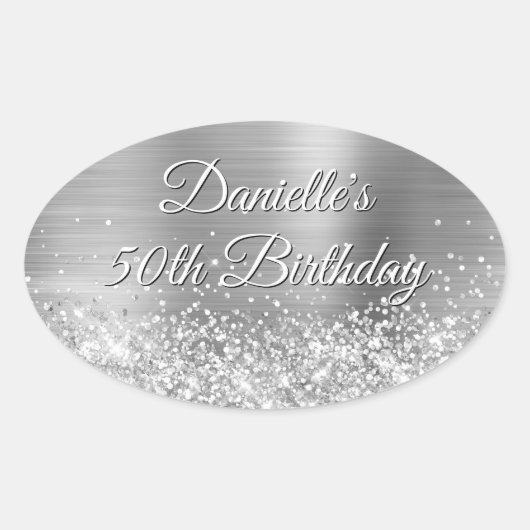 Glittery Silver Foil 50. Geburtstag Ovaler Aufkleber (Vorderseite)