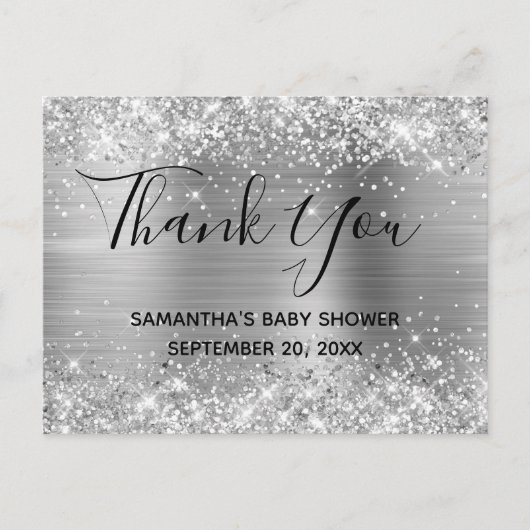 Glittery Silver Foil Baby Dusche Vielen Dank Postkarte (Vorderseite)