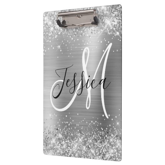 Glittery Silver Foil Black and White Monogram Klemmbrett (Links)
