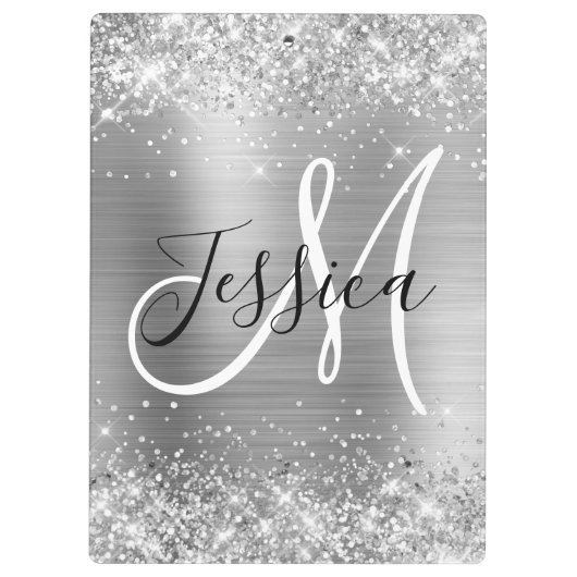 Glittery Silver Foil Black and White Monogram Klemmbrett (Rückseite)
