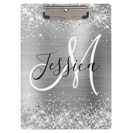 Glittery Silver Foil Black and White Monogram Klemmbrett (Vorderseite)