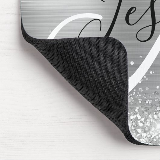 Glittery Silver Foil Black and White Monogram Mousepad (Ecke)