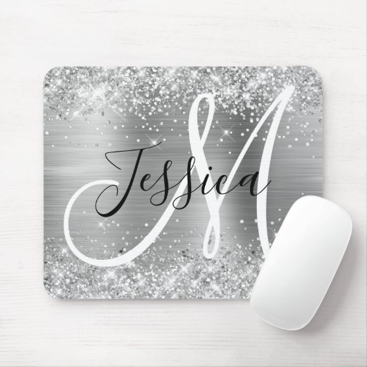 Glittery Silver Foil Black and White Monogram Mousepad (Mit Mouse)