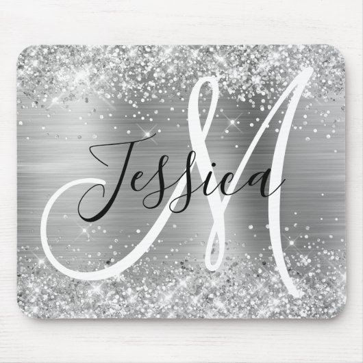 Glittery Silver Foil Black and White Monogram Mousepad (Vorne)
