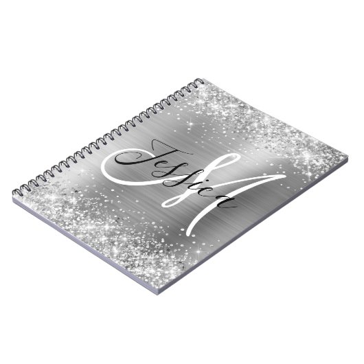 Glittery Silver Foil Black and White Monogram Notizblock (Linke Seite)