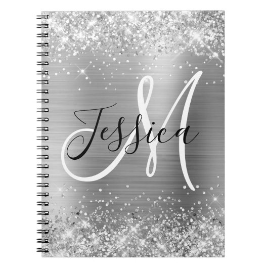 Glittery Silver Foil Black and White Monogram Notizblock (Vorderseite)