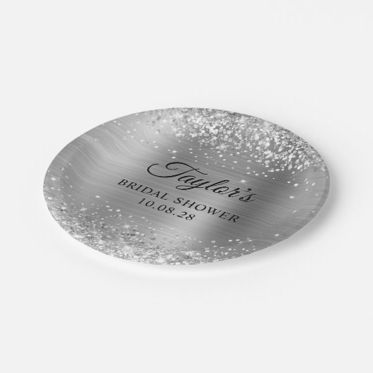 Glittery Silver Foil Brautparty Pappteller (Schrägansicht)