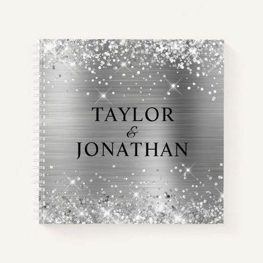 Glittery Silver Foil Bride & Groom Wedding Guest Notizblock (Vorderseite)