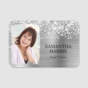 Glittery Silver Foil Brushstroke Foto Namensschild