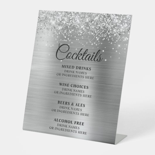 Glittery Silver Foil Cocktails Bar Menu Sockelschild (Vorderseite)