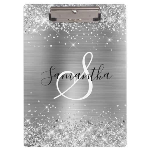 Glittery Silver Foil Elegant Monogrammed Klemmbrett (Vorderseite)