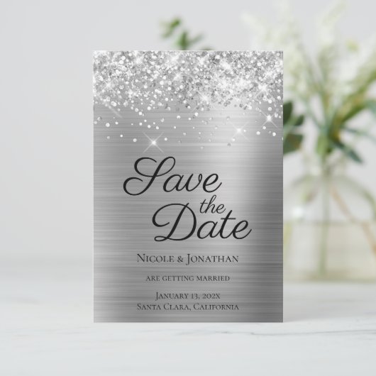 Glittery Silver Foil Elegante Kalligraphie Save The Date (Stehend Vorderseite)