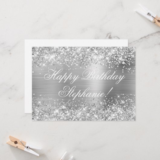 Glittery Silver Foil Extravagant Happy Birthday Karte (Vorderseite/Rückseite Beispiel)