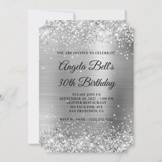 Glittery Silver Foil Extravagant Monogram 30. Gebu Einladung (Vorderseite)