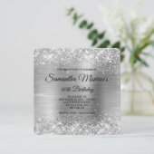 Glittery Silver Foil Extravagant Monogram 40. Gebu Einladung (Stehend Vorderseite)