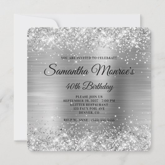 Glittery Silver Foil Extravagant Monogram 40. Gebu Einladung (Vorderseite)