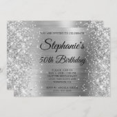 Glittery Silver Foil Extravagant Monogram 50. Gebu Einladung (Vorne/Hinten)
