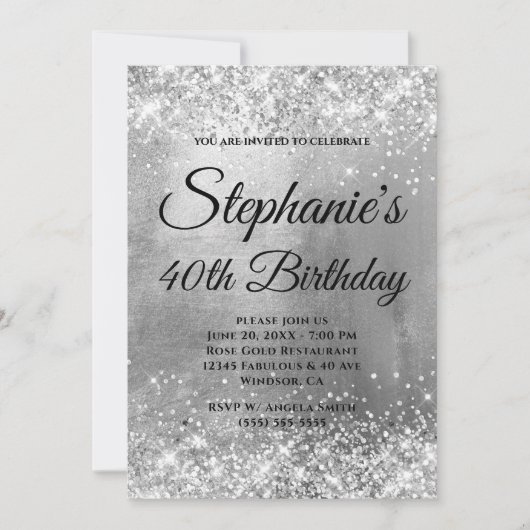 Glittery Silver Foil Extravagant Monogram Birthday Einladung (Vorderseite)