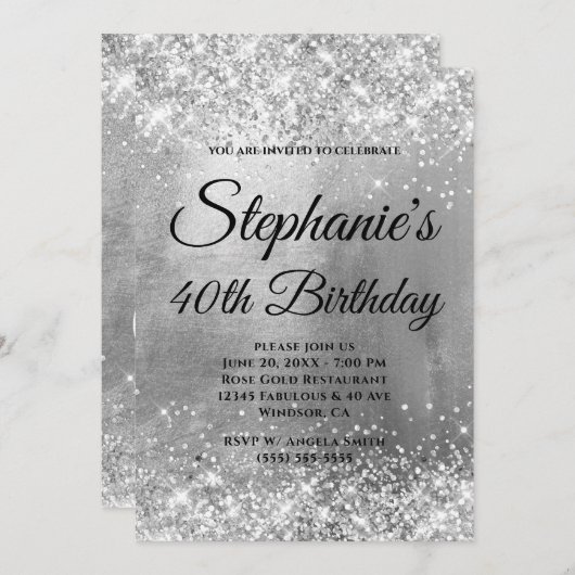 Glittery Silver Foil Extravagant Monogram Birthday Einladung (Vorne/Hinten)