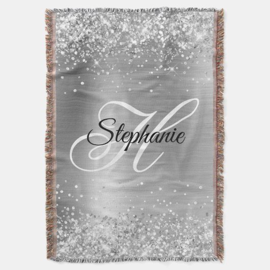 Glittery Silver Foil Extravagant Monogram Decke (Vorderseite Vertikal)