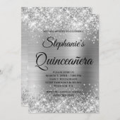 Glittery Silver Foil Extravagant Monogram Quinceañ Einladung (Vorne/Hinten)