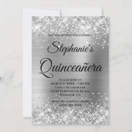 Glittery Silver Foil Extravagant Monogram Quinceañ Einladung