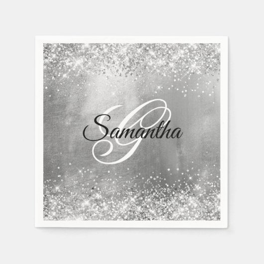 Glittery Silver Foil Extravagant Monogram Serviette (Vorderseite)