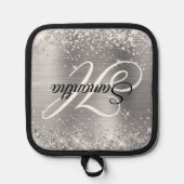 Glittery Silver Foil Extravagant Monogram Topflappen (Vorderseite)