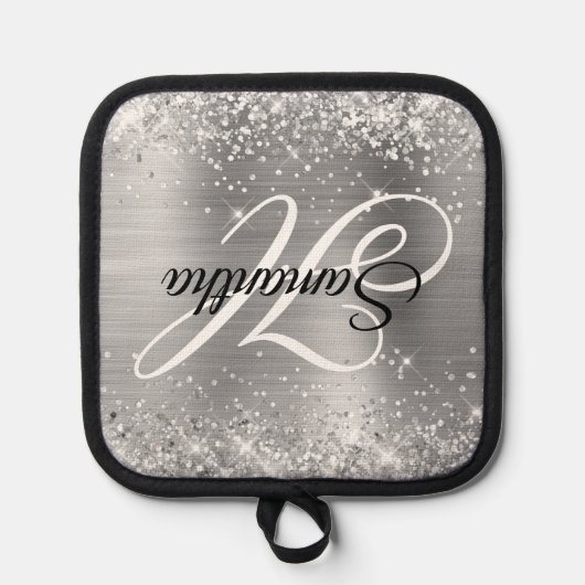 Glittery Silver Foil Extravagant Monogram Topflappen (Vorderseite)