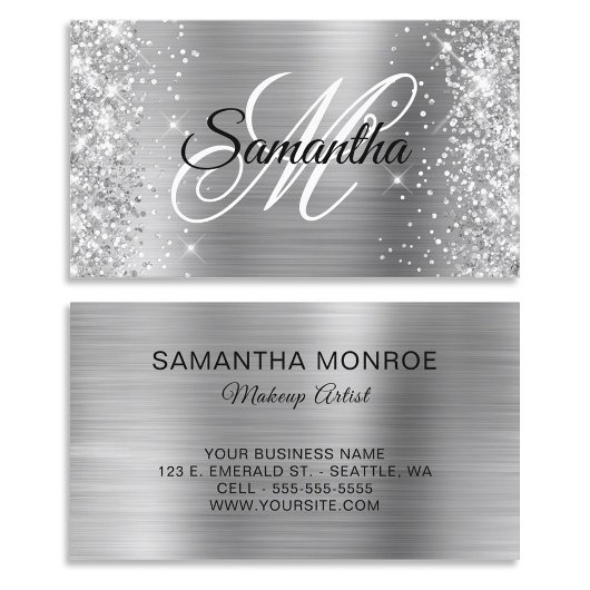 Glittery Silver Foil Extravagant Monogram Visitenkarte