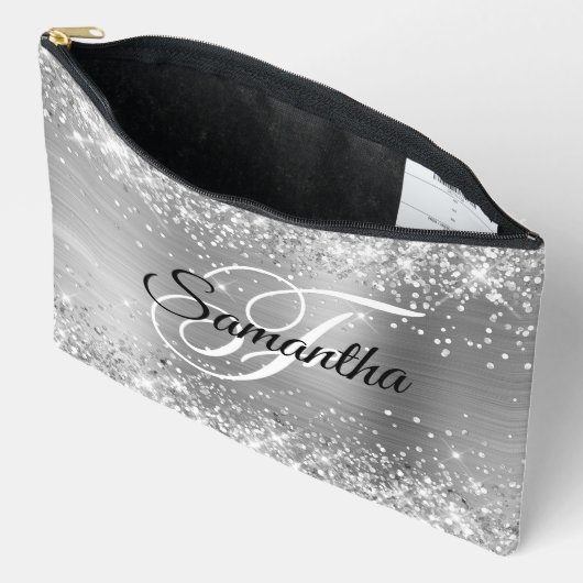 Glittery Silver Foil Extravagant Monogram Zubehörtasche (Offen)