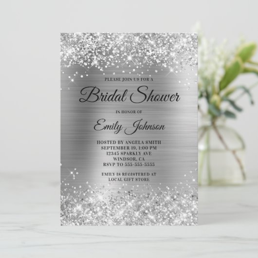 Glittery Silver Foil Extravagant Script Brautparty Einladung (Stehend Vorderseite)