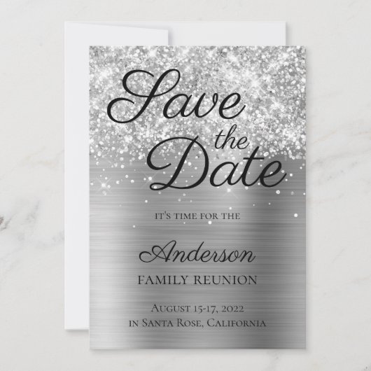 Glittery Silver Foil Family Wiedersehen Save The Date (Vorderseite)