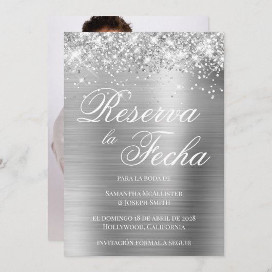 Glittery Silver Foil Foto Reserva La Fecha Einladung (Vorne/Hinten)