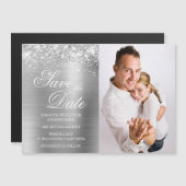 Glittery Silver Foil Foto Save the Date Magneteinladung (Vorne/Hinten)