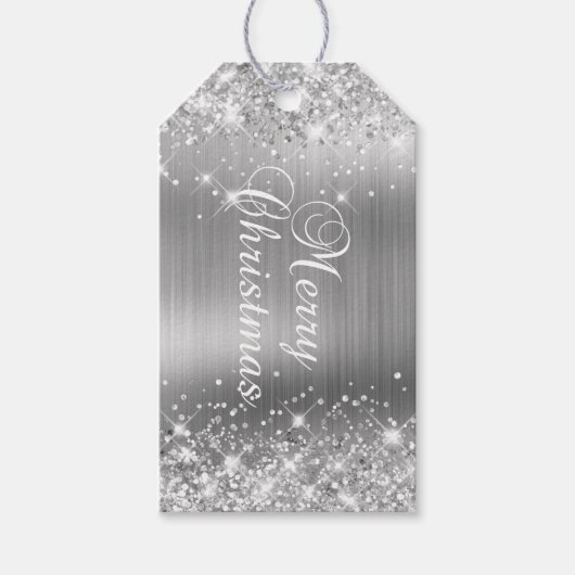 Glittery Silver Foil Frohe Weihnachten Geschenkanhänger (Vorderseite)