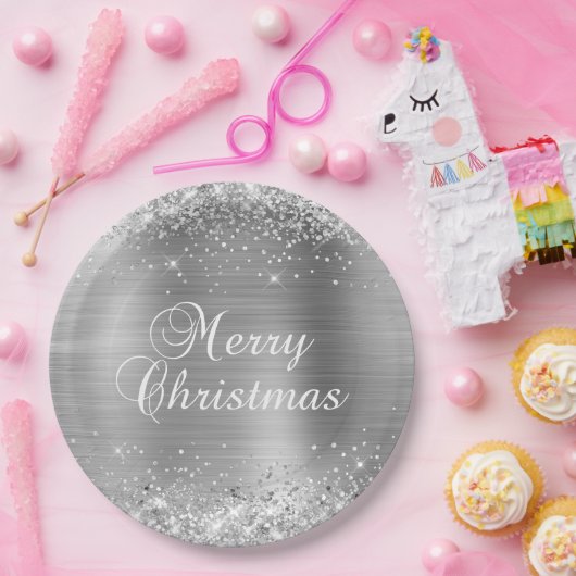 Glittery Silver Foil Frohe Weihnachten Pappteller (Party)