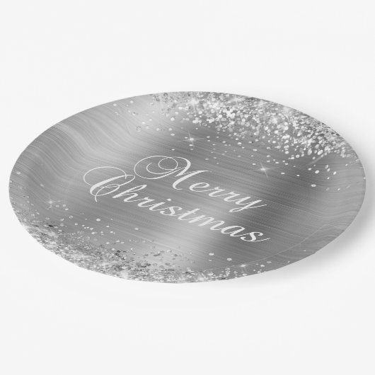 Glittery Silver Foil Frohe Weihnachten Pappteller (Schrägansicht)