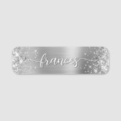 Glittery Silver Foil Handgeschriebenes Skript Namensschild (Vorderseite)
