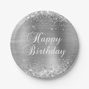Glittery Silver Foil Happy Birthday Pappteller