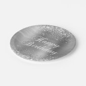 Glittery Silver Foil Happy Birthday Pappteller (Schrägansicht)
