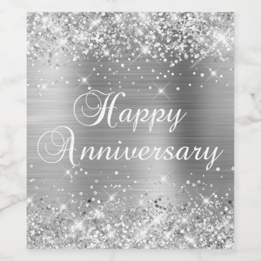 Glittery Silver Foil Happy Jubiläum Weinetikett
