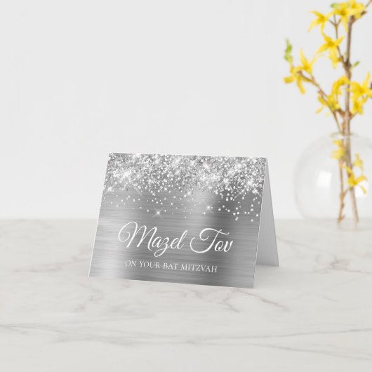 Glittery Silver Foil Mazel Tov auf Ihrem Bat Mitzv Karte (Gelbe Blume)