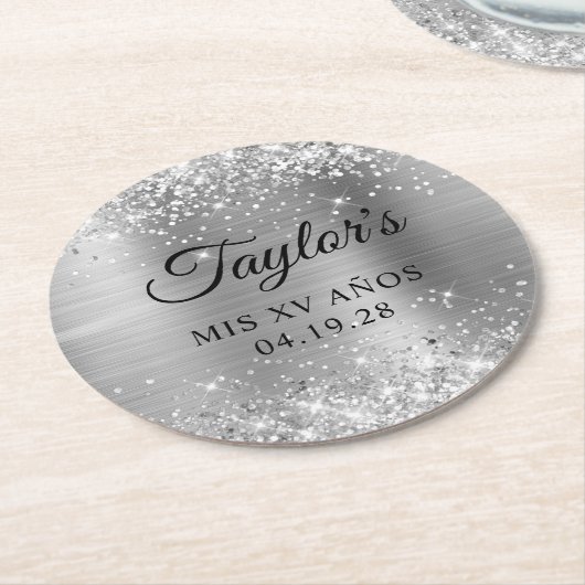 Glittery Silver Foil Mis XV Anos Runder Pappuntersetzer (Angewinkelt)