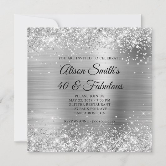 Glittery Silver Foil Monogram 40 & Fabulous Einladung (Vorderseite)