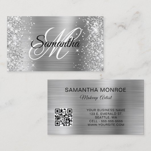 Glittery Silver Foil Monogram QR Code Visitenkarte (Vorne/Hinten)