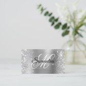 Glittery Silver Foil Monogram QR Code Visitenkarte (Stehend Vorderseite)