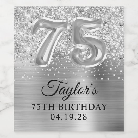 Glittery Silver Foil Number 75 Birthday Weinetikett (Einzelnes Label)