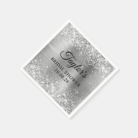 Glittery Silver Foil Personalisiertes Brautparty Serviette (Ecke)
