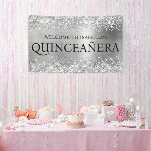 Glittery Silver Foil Quinceanera All Caps Willkomm Banner (Party)